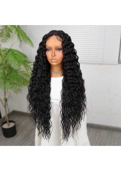 Ekstra Uzun Yoğun Afro Dalga Siyah Fiber Sentetik Geniş T Tül Peruk modelleri