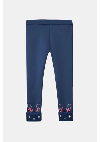 Açık Lacivert Kız Çocuk Içi Peluş Kulaklı Tavşan Nakışlı Extra Kalın Kışlık Tayt