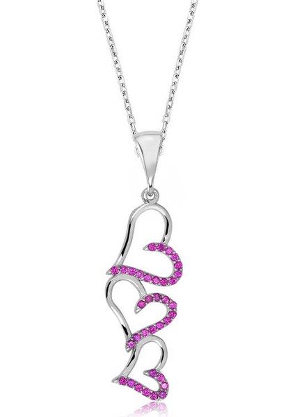 925 Ayar Gümüş Pembe Üç Kalpli Kadın Gümüş Kolye PT2610478 (800800)
