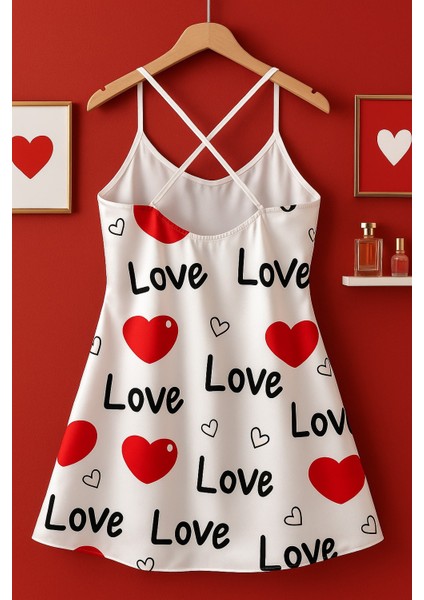 Beyaz Love Baskılı Saten Kadın Gecelik Modeli fiyatları