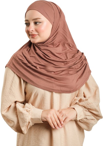 Koyu Vizon Pratik Hazır Geçmeli Tesettür Eşarp Viskon Boneli Büyük Boy 1290BV_38 modelleri