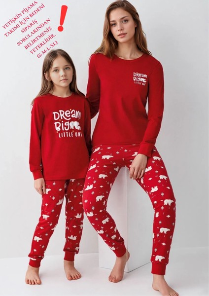 %100 Pamuklu Anne & Kız Çocuk Baskılı Kırmızı Ikili Pijama Takımı L1.RP.371.7.002