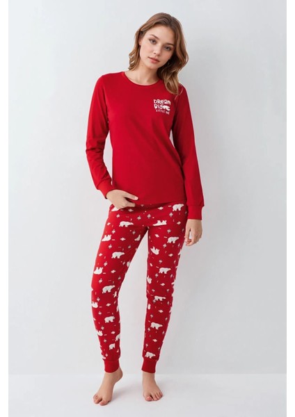 %100 Pamuklu Anne & Kız Çocuk Baskılı Kırmızı Ikili Pijama Takımı L1.RP.371.7.002 fiyatları