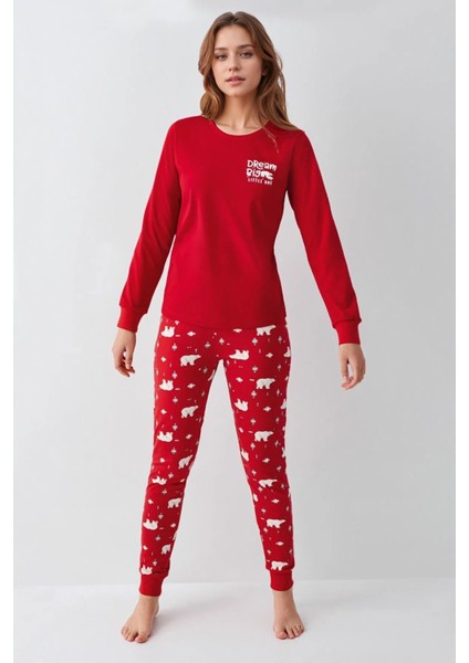 %100 Pamuklu Anne & Kız Çocuk Baskılı Kırmızı Ikili Pijama Takımı L1.RP.371.7.002