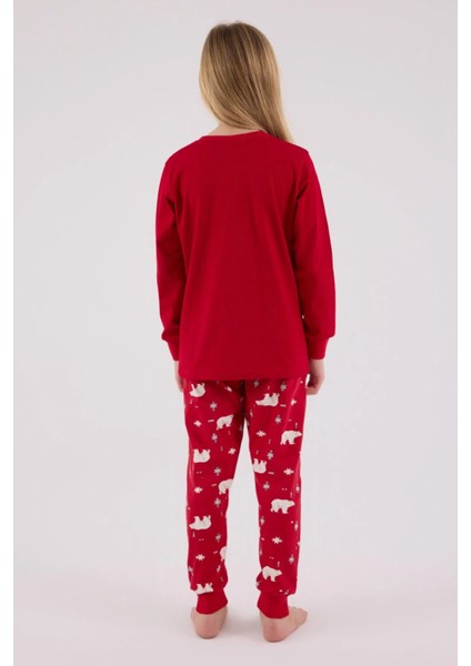 %100 Pamuklu Anne & Kız Çocuk Baskılı Kırmızı Ikili Pijama Takımı L1.RP.371.7.002