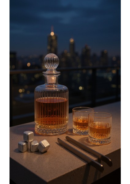 Cam Karaf ve 2 Adet 265 ml Bardak - Su Meşrubat Viski Şişesi - Viski Karaf Set 1200 ml