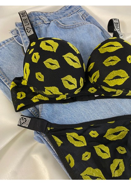 Kadın Öpücük Baskılı Taşlı Balenli Destekli Dolgulu Push Up Sütyen Takımı Iç Çamaşırı Takımı modelleri