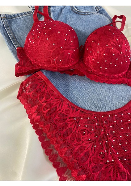 Kadın Dantelli Ip Detaylı Taşlı Balenli Destekli Dolgulu Push Up Sütyen Takımı Iç Çamaşırı Takımı modelleri