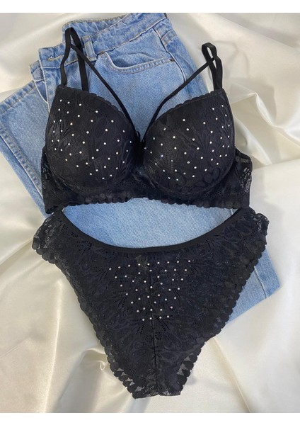 Kadın Dantelli Ip Detaylı Taşlı Balenli Destekli Dolgulu Push Up Sütyen Takımı Iç Çamaşırı Takımı