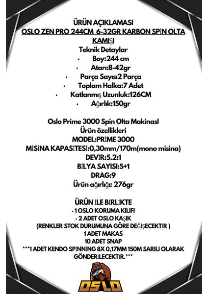 Zen Pro 244CM 6-32GR Oslo Prime 3000 Spin Olta Seti fiyatları