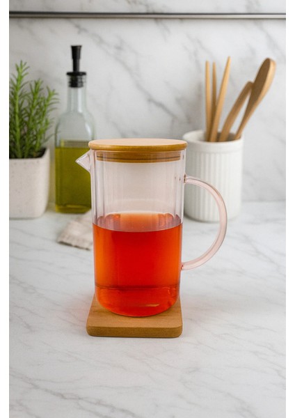 Borosilikat 1000 ml Bambu Kapaklı Yağlık Line Yağdanlık Sürahi