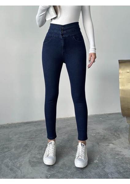 Kadın 3 Kemerli Yüksek Bel Kot Dar Paça Pantolon fiyatları