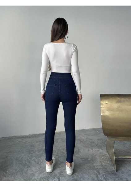 Kadın 3 Kemerli Yüksek Bel Kot Dar Paça Pantolon fırsatları