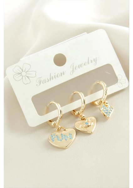 3 Adet Kalp Zirkon Taşlı Küpe