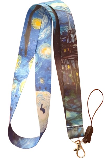 Van Gogh Gece Tablo Desenli Boyun Askı Ipi ve Telefon Askısı + Kartlık