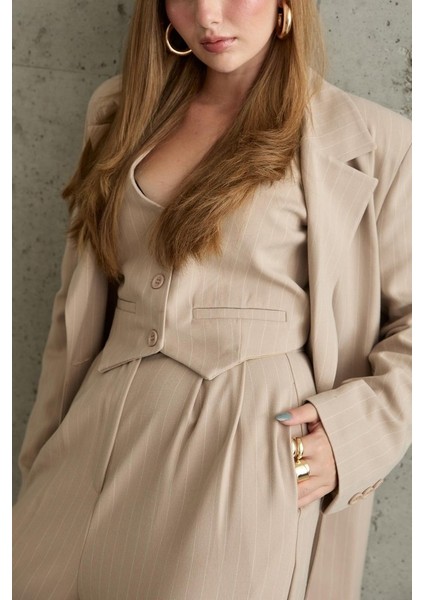 Bej Çizgili Ceket - Yelek ve Pantolon Takım fırsatları