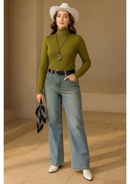 Esnek Baıkçı Yaka Kazak Yeşil