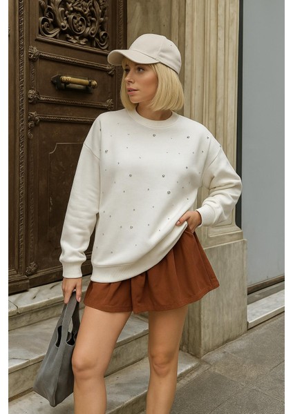 Bisiklet Yaka Taşlı Sweatshirt Ekru modelleri