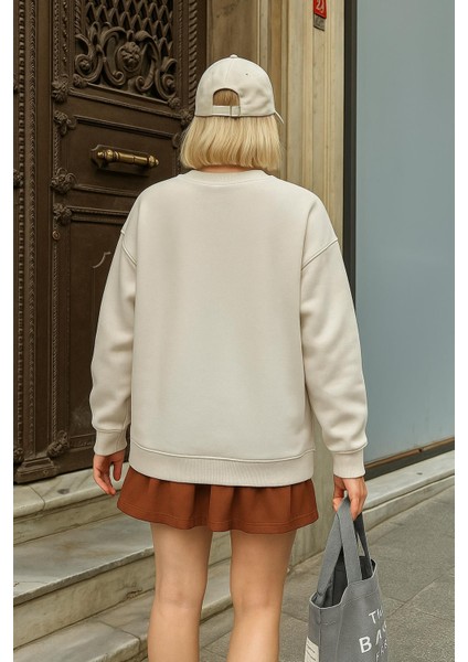 Bisiklet Yaka Taşlı Sweatshirt Ekru indirimleri