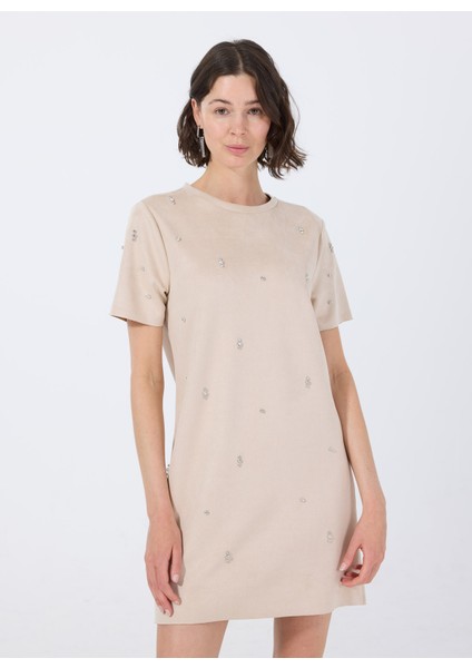 Bisiklet Yaka Taşlı Bej Mini Kadın Elbise F5WL-ELB0114