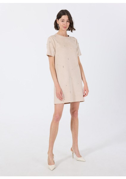 Bisiklet Yaka Taşlı Bej Mini Kadın Elbise F5WL-ELB0114 fiyatları