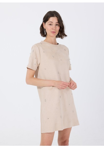 Bisiklet Yaka Taşlı Bej Mini Kadın Elbise F5WL-ELB0114 modelleri