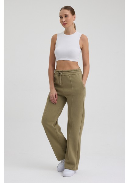 Kadın Yüksek Bel Nervürlü Kışlık Polarlı Paça Dikişli Bol Paça Eşofman Altı Haki