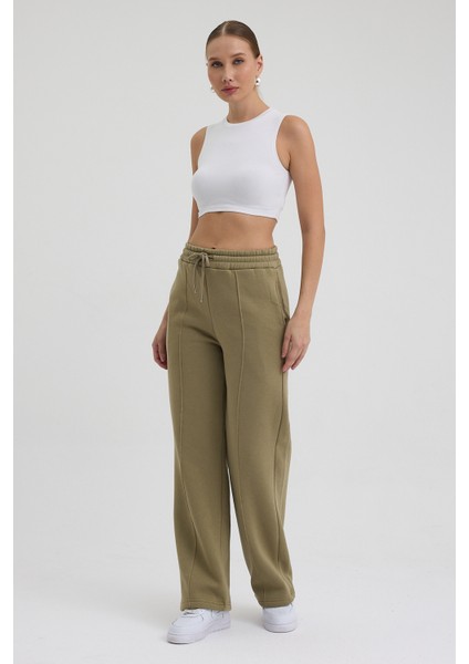 Kadın Yüksek Bel Nervürlü Kışlık Polarlı Paça Dikişli Bol Paça Eşofman Altı Haki fiyatları