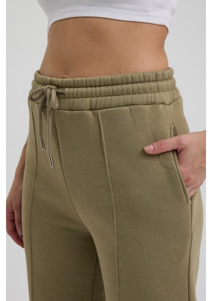 Kadın Yüksek Bel Nervürlü Kışlık Polarlı Paça Dikişli Bol Paça Eşofman Altı Haki modelleri