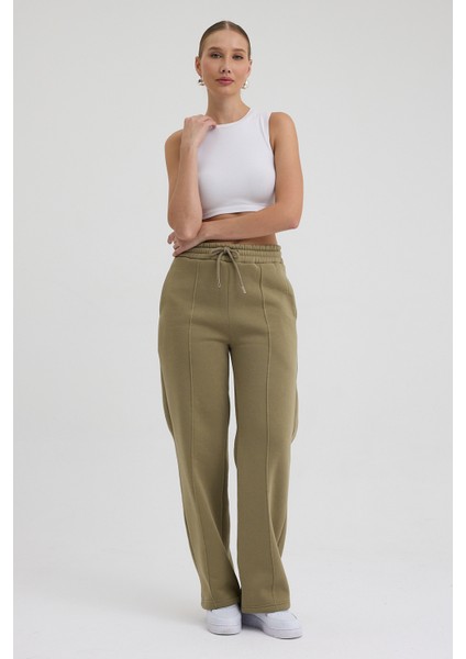 Kadın Yüksek Bel Nervürlü Kışlık Polarlı Paça Dikişli Bol Paça Eşofman Altı Haki fırsatları