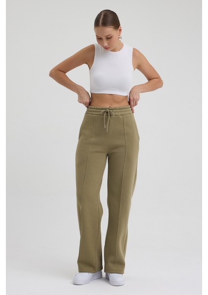 Kadın Yüksek Bel Nervürlü Kışlık Polarlı Paça Dikişli Bol Paça Eşofman Altı Haki indirimleri