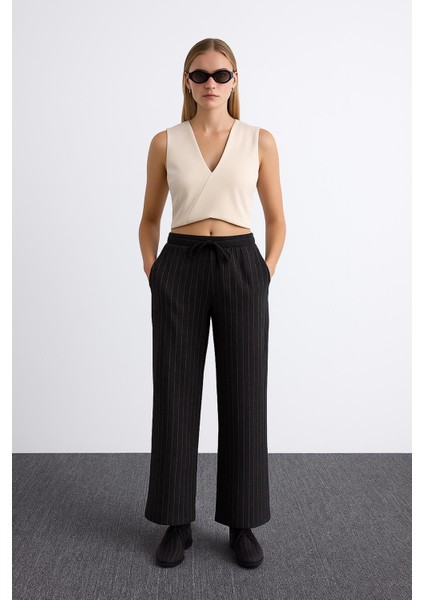 Esnek Yüksek Bel Geniş Paça Çizgili Pantolon Antrasit fırsatları