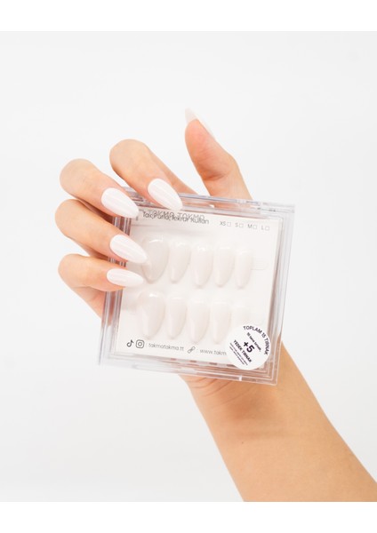 15'li Krem Rengi Kısa Badem TT1375 Tekrar Kullanılabilir El Yapımı Protez Takma Tırnak - Krem-XS