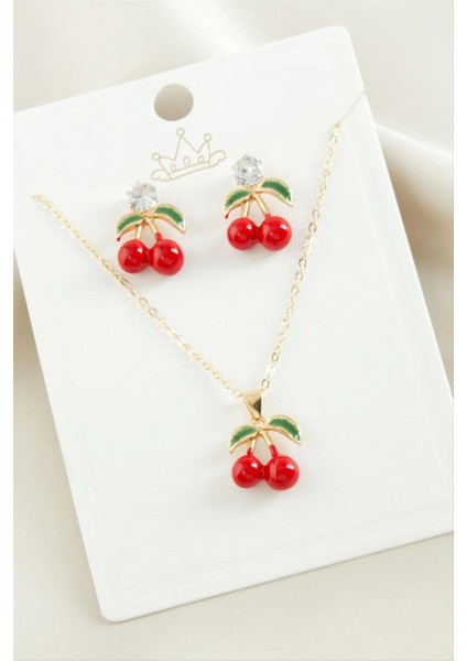 Kiraz Zirkon Taşlı Mineli Set Kolye