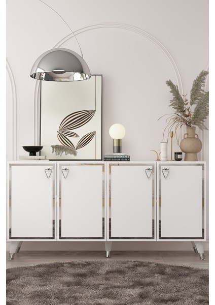 8204-1CT KB150 Konsol, Tv Ünitesi Beyaz-Gümüş