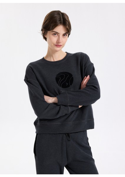 D5WL-SWT3596 Antrasit Melanj Bisiklet Yaka Relaxed Düz Kadın Sweatshırt
