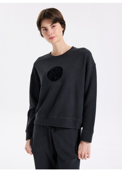 D5WL-SWT3596 Antrasit Melanj Bisiklet Yaka Relaxed Düz Kadın Sweatshırt modelleri