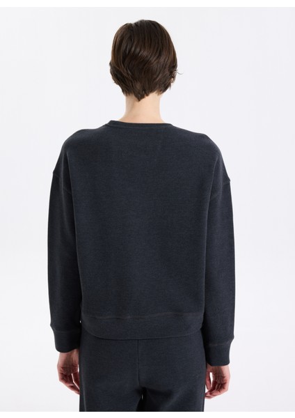 D5WL-SWT3596 Antrasit Melanj Bisiklet Yaka Relaxed Düz Kadın Sweatshırt fırsatları