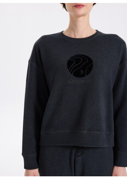 D5WL-SWT3596 Antrasit Melanj Bisiklet Yaka Relaxed Düz Kadın Sweatshırt indirimleri