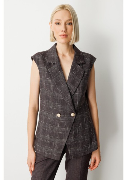 Kadın Kruvaze Yaka Ekoseli Yelek 5177 Bordo