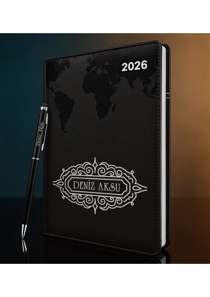 Kişiye Özel Isimli Termo Sert Kapak 2026 Siyah Ajanda & Kalem -11, Öğretmenler Günü Hediyesi, Yeni Iş Hediyesi