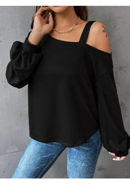 Kadın Uzun Kollu Tek Omuz Askı Detay Salaş Viskon Iki Iplik Bluz fırsatları