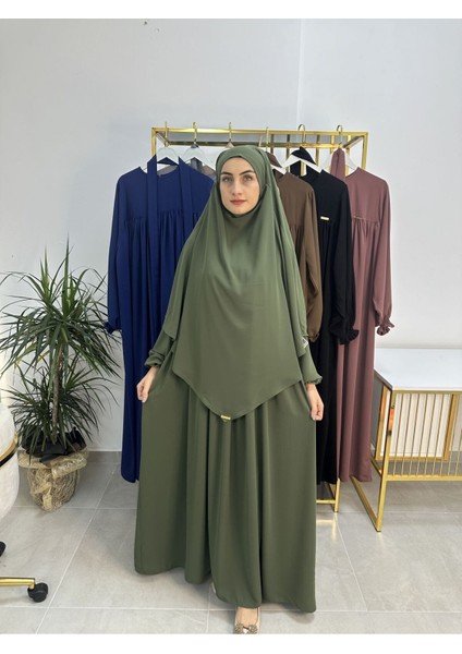 Ferace & Abaya Sufle Esarp ve Üsten Robalı Kemerli Elbise Takım .hac ve Umre Için Uygundur Yeşil