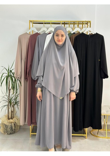 Yandan Büzgülü Elbise Sufle Esarp Takım Jilbab,abaya,hijab ( Hac ve Umre Için Uygundur) Gri