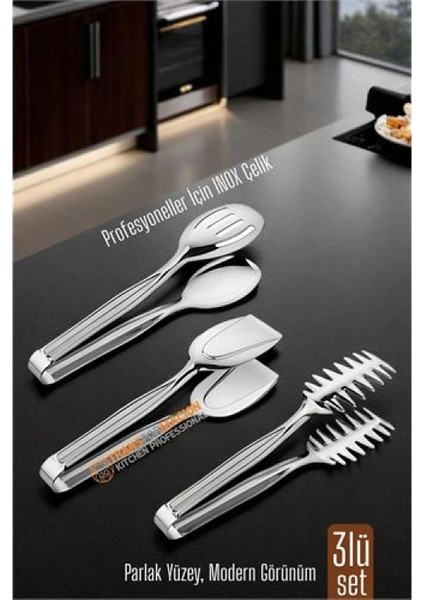 3’lü Inox Çelik Mutfak Maşa Seti - Makarna Pasta Salata Çok Amaçlı Maşa 3 Lü Set