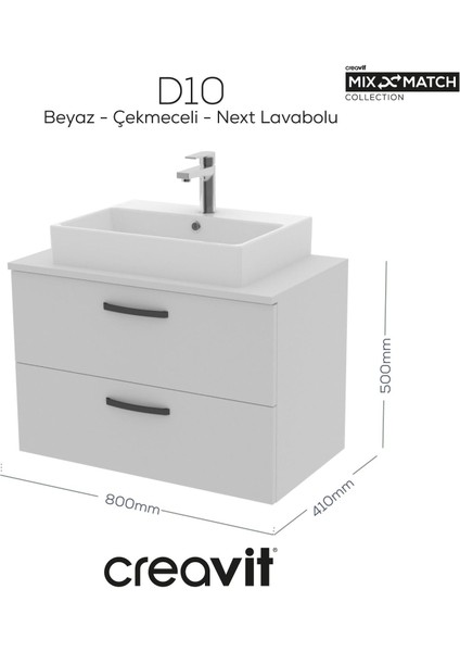 D10 Next Lavabo Dolabı Iki Çekmeceli 80 cm Beyaz