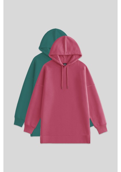 Oversize Kapüşonlu 2li Paket Yaban Gülü-Deniz Yeşili Kadın Tunik Sweatshirt - 97242