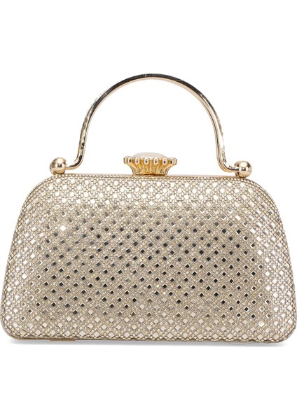 25KC1289 Kadın Taşlı Kutu Abiye Çanta Altın