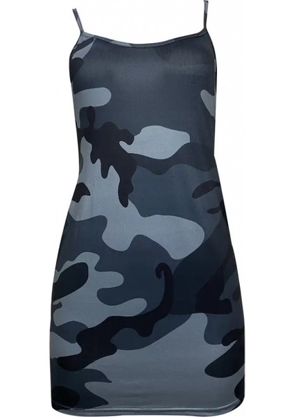 Kadın Kolsuz Ip Askılı Kamuflaj Baskılı Viskon Elbise indirimleri