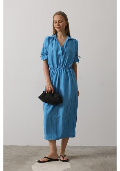 Beli Lastikli Elbise - Mavi